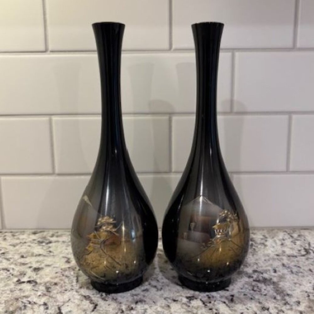 Black Lacquer Bud Vases from Japan (Set of 2) - 9.5 Inches (Height)